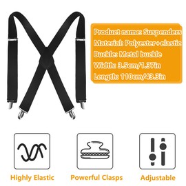 laeeyin Men's Braces Wide 3.5 cm with Very Strong 4 Metal Clips Long One Size for Men and Women Adjustable and Elastic X Shape Braces Men Black, black