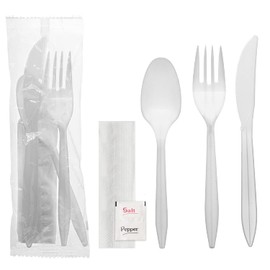 Party Essentials Individually Wrapped Plastic Cutlery Kits/Silverware Packets, 250 Sets, White Fork/Spoon/Knife/Napkin/Salt/Pepper