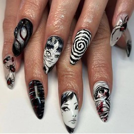 24Pcs Gothic Press on Nails Medium Almond Fake Nails Black White Horror Anime Designs Full Cover French Tip Nails Punk Stick on Nails Goth False Nails for Women Girls Acrylic Manicure Decorations