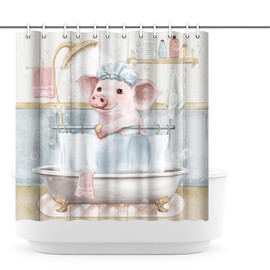 Rasrantyed Whimsical Pig in Bathtub Shower Curtain, Farmhouse Bathroom Decor, Watercolor Animal Art, Polyester Fabric 72x72 inch with Hooks, Bathroom Decor