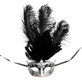 ILOVEMASKS Venetian Masquerade Ostrich Tall Feather Glitter Party Mask (Silver Black)