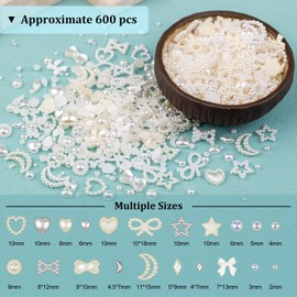 600Pcs 3D Multi Shapes Nail Charms and Flatback Pearls, White&Beige Mix styles Heart Star Bow Sunflower Embellishments for Nail Art, Craft and Decoration with Glue Gel, Tweezer and Pickup Pencil
