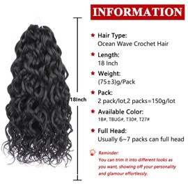 Ocean Wave Crochet Hair 18 Inch 7packs Boho Style Hawaii Curly Natural Black Crochet Braids Beach Curl Synthetic Braiding Hair for Women Extensions (18 Inch,1B)