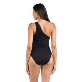 La Blanca Women's Island Goddess Shirred One Shoulder One Piece Swimsuit, Black, 16