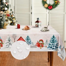 FRAMICS Christmas Tablecloth 60×104 Inch, Winter Snowflake Christmas Trees Table Cloth, Beige Christmas Table Cloth Rectangle, Waterproof Washable Christmas Table Cover for Party Kitchen Dining Room