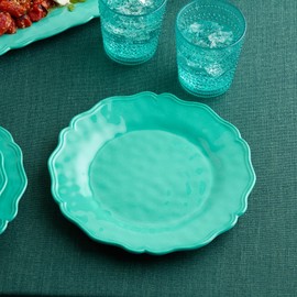 Isabella Teal 11-Inch Dinner Plate, Crackle Glaze Effect & Scalloped Edges, Durable Lightweight Melamine, Break-Resistant & Dishwasher Safe, Elegant Tableware for Indoor & Outdoor Dining