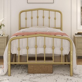 Yaheetech Twin Bed Frames Metal Platform Bed with Victorian Style Wrought Iron Headboard and Footboard/Easy Assembly/No Box Spring Needed/Antique Gold Twin Bed