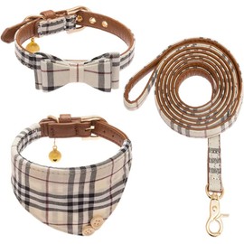 Plaid Dog Collar and Leash Set-Cute Bow Tie&Bandana Necktie Adjustable Leather Small Dog Collars with Bell, Safety Outdoor Walking Soft Cotton Comfortable for Puppy Kittens Cat,3pcs/Set