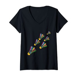 Womens Colorful Badminton Shuttlecocks Birdie Art V-Neck T-Shirt