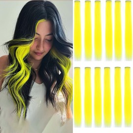 12 Pcs Yellow hair extensions 22 Inch Straight colored hair colorful clip in extensions Highlight Party for Kids Girls and Women Gift(Yellow,29)