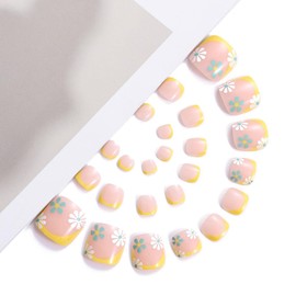 Handcess French False Toenails Glossy Nude Pink Press on Toe Nail Flower Fake Toe Nails Full Cover Acrylic Toe Nail Art Tips for Women Girls 24Pcs