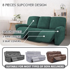 ULTICOR Velvet 8-Pieces Recliner Sofa Covers Stretch Reclining Couch Covers for 3 Cushion Reclining Sofa Slipcovers Furniture Covers Thick Soft Washable (3 Seater Recliner Cover, Retro Green)