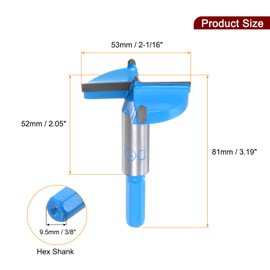 HARFINGTON Forstner Drill Bits 2-1/16 inch / 53mm Hex Shank 3/8 inch, Carbide Forstner Bit Woodworking Hole Opener Cutter Tool for Wood Drilling/Cabinet Hinges, Blue