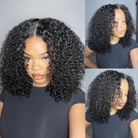 BangJazz Short Kinky Curly Ready to Wear Glueless Wigs Pre Cut Lace Bleachde Konts Closure Wigs 250% Density Human Hair Wig Lace Front Wigs Pre Plucked For Women Springtok - Color: Natural Black, Size: 18 Inch (Bleached Knot)