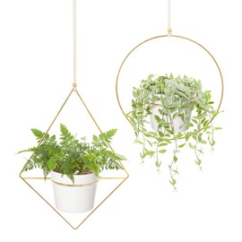 Mkono Boho Metal Hanging Planter with Plastic Pots, Set of 2 , Modern Mid Century Flower Pot Plant Holder in Diamond and Circle Shape, Fits 6 Inch , Gold