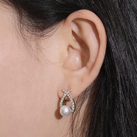 Aneneiceera Boho Pearl Stud Earrings Crystal Abstract Fish Earrings Gold Curved Unique Cross Cuff Earrings Curved Front Back Linear Drop Earrings Prom Shiny Earrings