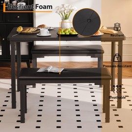 GarveeHome 3-Piece Dining Table Set, 43.3'' Kitchen Table with 2 Upholstered Dining Benches, Small Kitchen Table Set for 4, Space-Saving Dinette for Dining Room, Apartment, Small Space - Black