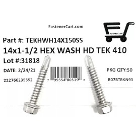 FAS (50) 14x1-1/2 Stainless Steel Hex Washer Head Self Drilling Tapping TEK Screws