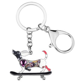 Enamel Alloy Rhinestone Skateboard Dachshund Dog Keychain Jewelry for Women Girls Bag Wallet Charm, black