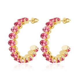 Linawe Chunky Gold Hoop Earrings for Women Trendy, Magenta Hot Pink Huggie Hoop Earrings, Hypoallergenic Birthstone Cubic Zirconia Rhinestone Imitation Diamond Large Big Half Hoop