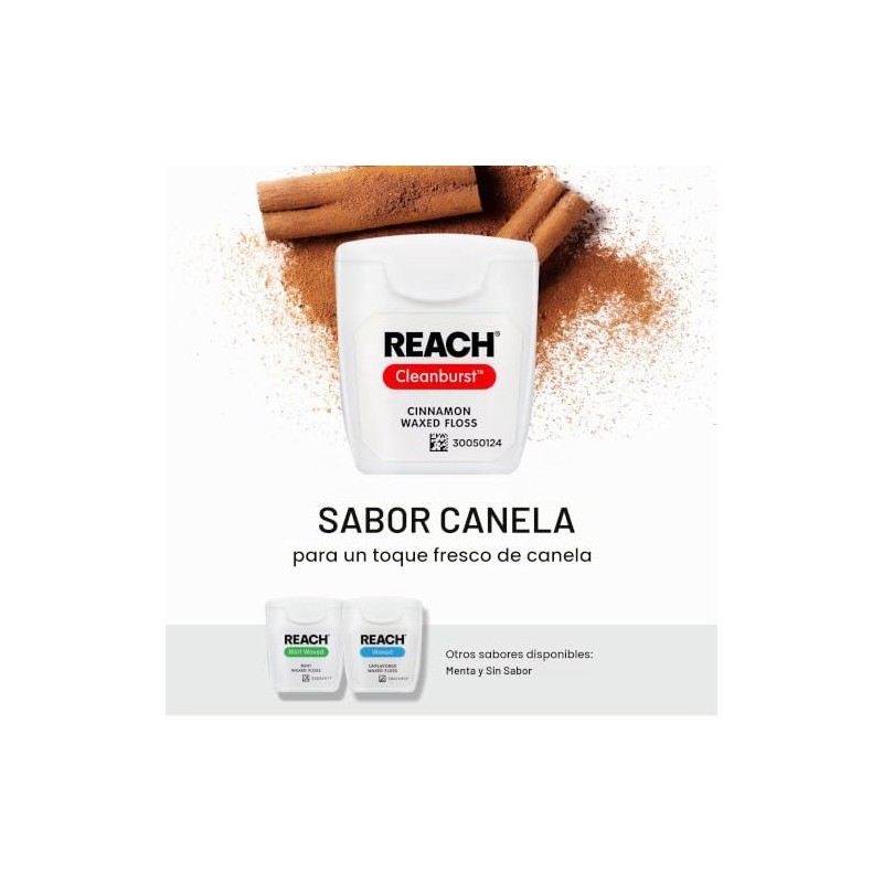 Reach Cleanburst Hilo dental encerado, cuidado bucal, sabor a canela,