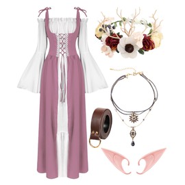 VillbeCoser Renaissance Dresses Medieval Costume for Women Flower Crown Elf Ear Choker Pinkwhite