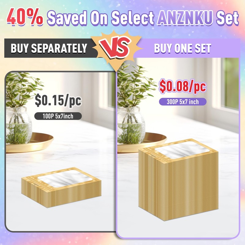 300 Pcs Mylar Bags 5×7", Light Gold Resealable Smell Proof