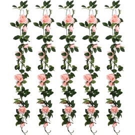 Vivasky 5pcs 40FT Rose Vines Faux Flower Garlands for Home Pink Flower Vines Decor for Wedding Party Background Baby Showers Decoration