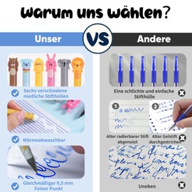 Pack of 6 Erasable Ballpoint Pens with Thermo-Sensitive Erasing Ink, Erasable Pens Paper Will Not Be Damaged Eraser Pen Blue 0.5 mm Tip Rabbit, Koala, Elephant, Bear, Lion, Chick