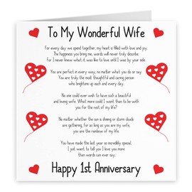 Hunts England - Romantic Wife 1st Wedding Anniversary Card - To My Wonderful Wife - Happy 1st Anniversary - Romantic Verses Collection