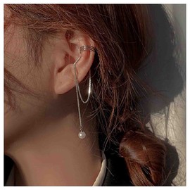 Erimberate Bohemian Pearl Tassel Drop Earrings Pearl Chain Cuff Earrings Pearl Tassel Chain Earrings No Piercing Pearl Earrings Silver Long Chain Drop Earring Jewelry for Women and Teen Girls