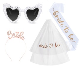4 pcs Bridal Shower Gift Set,Bachelorette Sunglasses,Bride Sash,Bride Headband Tiara and Bride Embroidered Veil for Wedding and Engagement Parties (Rose gold)