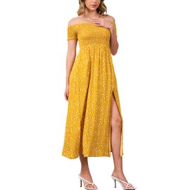 Moss Rose Womens Boho Maxi Dresses Summer Off Shoulder Cap Sleeve Flowy Swing Casual Long Dress Yellow