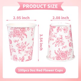Elyxio 100Pcs Floral Paper Cups Pink Flowers Paper Cups 9oz Disposable Pink and White Toile Chinoiserie Drinking Cups for Hot Cold Beverage Bridal Baby Shower Birthday Party Supplies