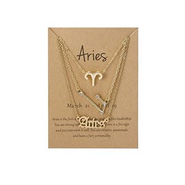 3 Pcs Constellation Zodiac Layer Necklaces Retro 14K Gold Plated 12 Constellation Pendant Necklace Exquisite Letter Horoscope Old English Zodiac Sign Jewelry Birthday Gift for Women Girls - Aries