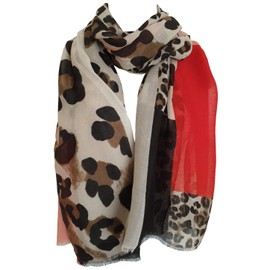 GlamLondon Women's Leopard Print Scarf Multi Coloured Border (BM33-Bright-Red)
