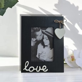 Simelecor Black Wooden Picture Frame 4x6 for Love with Heart-Table Top and Wall Mounting Photo Frame 4x6 for Love Decoration (black&white)