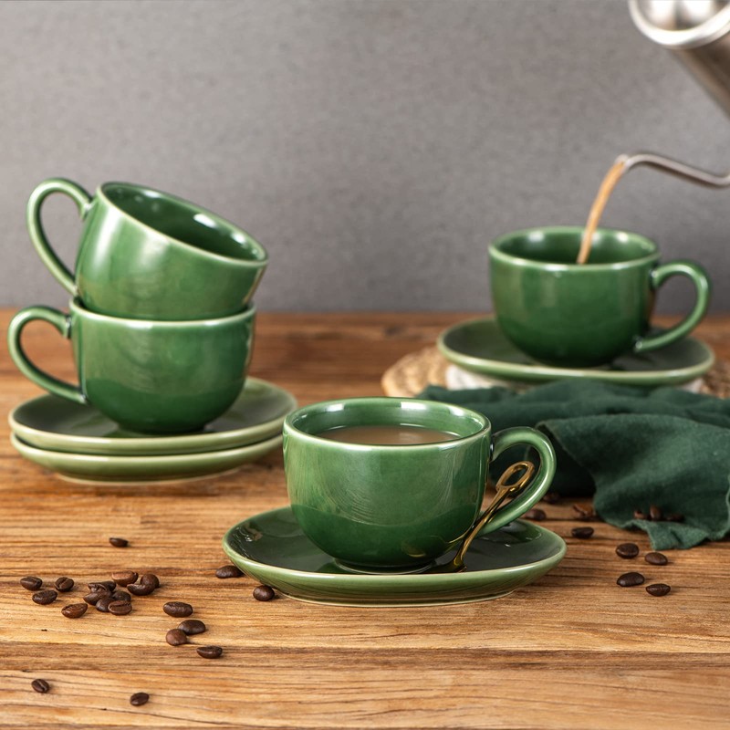 vicrays 6.5 oz Cappuccino Cups with Saucers, Set of 4,