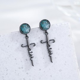 KoyeKei Black Cross Stud Earrings 925 Sterling Silver Turquoise Faith Cross Dangle Drop Earrings Christian Jewelry Christmas Religious Gifts for Women Men