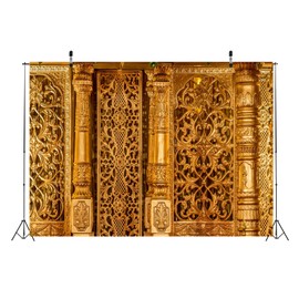 Loccor Fabric 10x8ft Hindu Temple Backdrop Golden Indian Traditional Entrance Doors Columns Temple Wall Photography Background Travel Party Wedding Photo Booth Studio Props Hinduism Religion Wallpaper