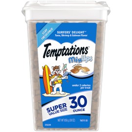 TEMPTATIONS MixUps Crunchy and Soft Cat Treats, Surfer's Delight Flavor, 30 oz. Tub