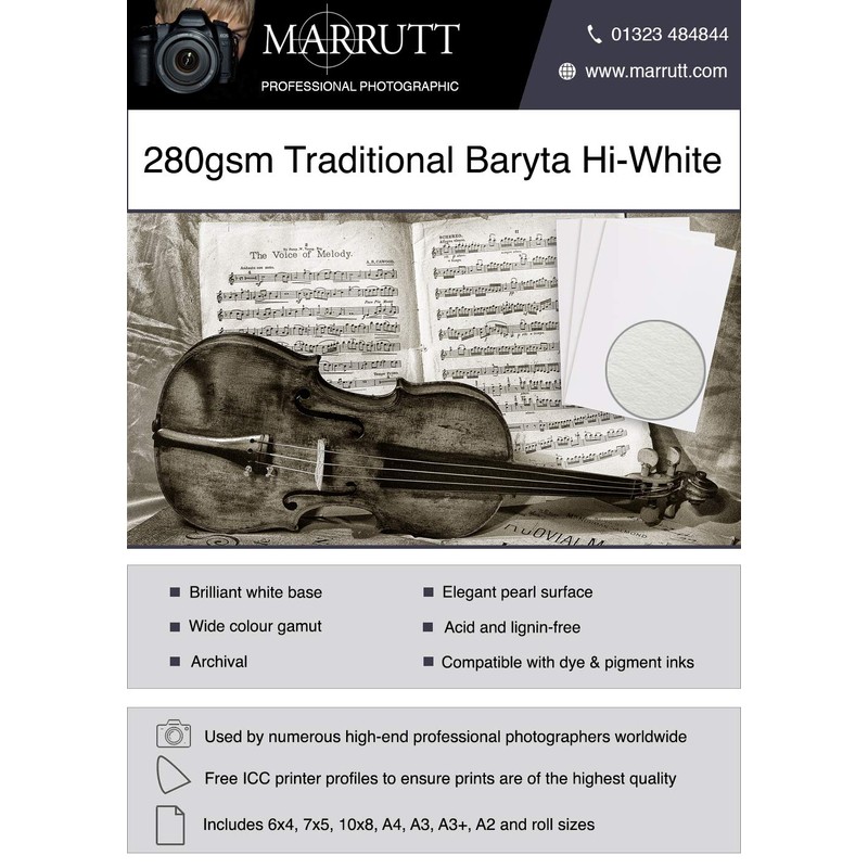 Marrutt 280gsm Traditional Baryta Hi-White Semi Gloss Inkjet Photo Paper:
