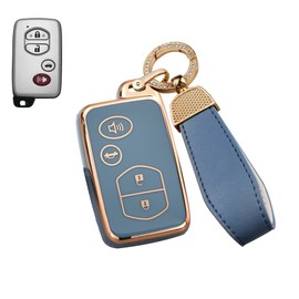 SANRILY Golden-Edge 4 Button Key Fob Cover for Toyota Camry Avalon Venza rav4 Corolla Highlander Venza 2009-2014 Keyless TPU Key Case Shell with Bling Keychain Blue