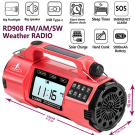Hand Crank Emergency FM/AM/SW Weather Radio NOAA Alert, USB-C Solar Power, Bright Flashlight with Cell Phone Charger, Timer Clock for Home & Outdoor Hurricane Storm Survival kit