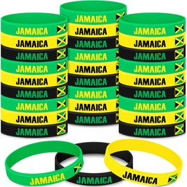 Lenwen 48 Pcs Multicolor Jamaican Country Flag Silicone Bracelet Jamaica Souvenirs Black Yellow Green Sport Wristband Jamaica Bracelet for Men Women Jamaican Birthday Party, 3 Style, 8 x 0.5 Inch