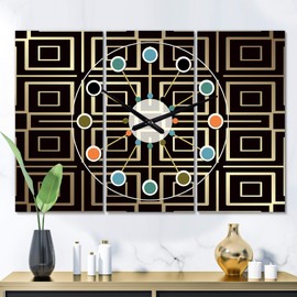 Designart 'Golden Luxury Metallic Geometrics XII' Oversized Mid-Century Modern 3 Panels Wall Clock