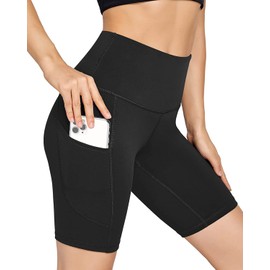 Short Deportivo Mujer Biker con Licra, Short Gym Mujer de Cintura Alta, Short Corto Deportivo Mujer con 2 Bolsillos, Pantalones Cortos Deportivos Mujer para Yoga, Ciclismo, Correr, Ejercicio (Negro-M)