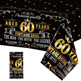 1 Pack Vintage 60th Birthday Plastic Tablecloth - Black Gold Cheers to 60 Years Decorations for Men - Indoor Outdoor Theme Party Supplies