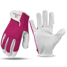STONELIGHT Unisex Gardening Gloves Made with Leather & Spandex - Thorn Proof Rigger Safety Work Gloves with Reinforced Fingertips, Adjustable Wrist Closure, Waterproof & Breathable (Pink, L)