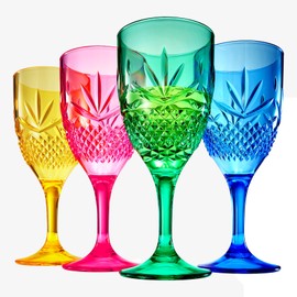 Shatterproof Tritan Stemmed Fancy Wine Glasses Goblets, Resalable | 4 Set | Bright Colors Glass Lookalike, Crystal Color Acrylic Drinkware, Reusable Unbreakable BPA-free plastic, Outdoor & Indoor 11OZ